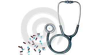 Green stethoscope and pile of capsule pills isolated on white background with copy space for text. Medical tool for doctor.