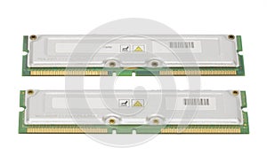 Green stick of RAM memory for computer with electronics components isolated on white background