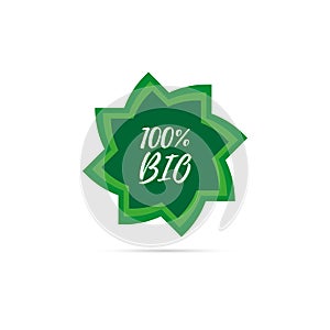 Green sticker with text 100% bio. Sticker isolated on white background. Vector illustration.