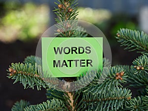 A green sticky note with the phrase Words Matter on it being held up by a fir tree branch
