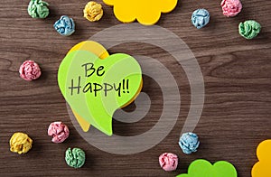 Green sticky note with word Be Happy