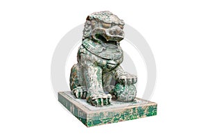Green stone ancient chinese guardian lion statue isolated on white background.