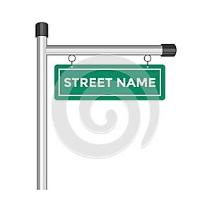Green street sign, fixed on a pole on white background