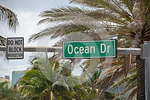 Green street sign of Ocean Drive in South Beach Miami