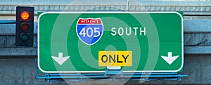 Green street sign for the on-ramp to the 405 Freeway