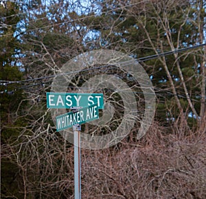 Green street sign that says, easy street