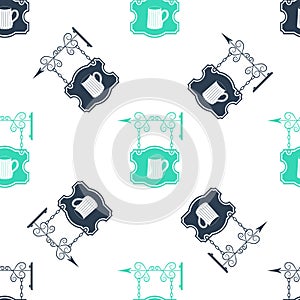 Green Street signboard on forged brackets with wooden mug of beer icon isolated seamless pattern on white background