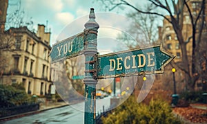 Green street signs with arrows pointing in opposite directions with the words YOU DECIDE suggesting a choice, decision making