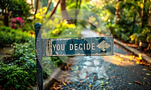 Green street signs with arrows pointing in opposite directions with the words YOU DECIDE suggesting a choice, decision making