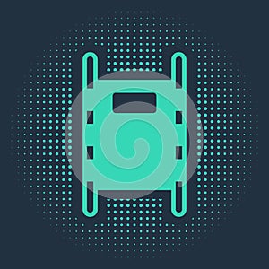 Green Stretcher icon isolated on blue background. Patient hospital medical stretcher. Abstract circle random dots