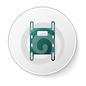 Green Stretcher icon isolated on white background. Patient hospital medical stretcher. White circle button. Vector