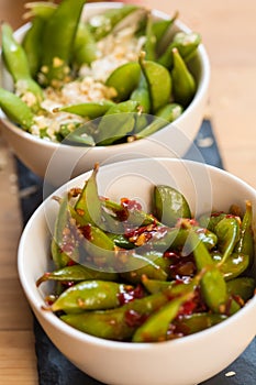 Green string beans chinese dish with spices