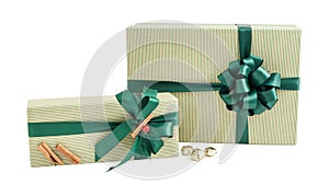 Green stripe paper wrap gift box ribbon bow cinamon decoration isolated