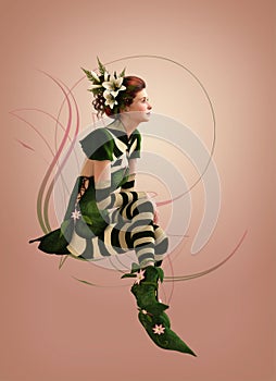 Green striped dressed Girl 3d Computer Graphics