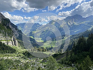 The green subalpine valley of the Melchtal or Melch valley along the river Grosse Melchaa in the Uri Alps mountain massif, Kerns