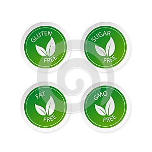 Green sugar free, fat free, gluten free and gmo free stickers set in flat style. Vector illustration.