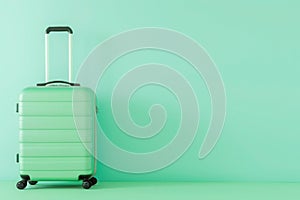 a green suitcase is sitting in front of a green wall