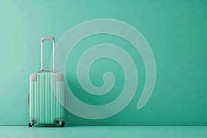 a green suitcase is sitting in front of a green wall