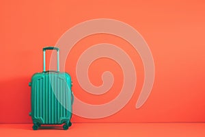 a green suitcase is sitting in front of a red wall