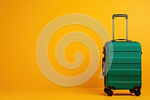 a green suitcase is sitting on a yellow background