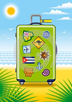 Green suitcase for travel with stickers