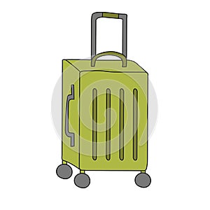 Green suitcase for traveling on wheels. In a cartoon style. On white background