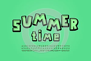 Green summer alphabet cartoon square shape fonts. Uppercase and lowercase letters, numbers, punctuation marks. Vector