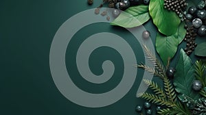 Green summer background decorated with leaves and berries, copy space