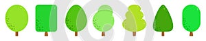 Green summer forest tree flat vector icons collection. Simple flat forest flora. Isolated plants. Cartoon trees set