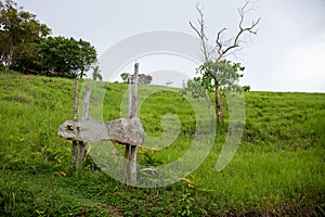 Green summer hill and wooden signpost. Cloudy day outside photo. Summer forest and hills hiking day