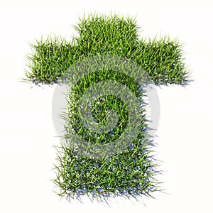 Green summer lawn grass isolated on white background, sign of religious christian cross