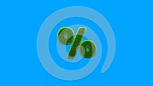 Green summer lawn grass symbol isolated on blue background. Conceptual grassed sign of percent. Design of information related to