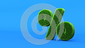 Green summer lawn grass symbol isolated on blue background. Conceptual grassed sign of percent. Design of information related to