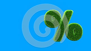 Green summer lawn grass symbol isolated on blue background. Conceptual grassed sign of percent. Design of information related to