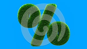 Green summer lawn grass symbol isolated on blue background. Conceptual grassed sign of percent. Design of information related to