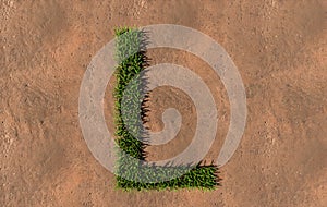 Green summer lawn grass symbol shape on brown soil or earth background, font of L