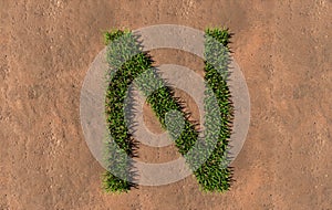 Green summer lawn grass symbol shape on brown soil or earth background, font of N