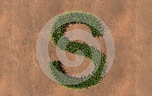 Green summer lawn grass symbol shape on brown soil or earth background, font of S
