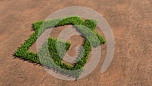 Green summer lawn grass symbol shape on brown soil or earth background, home button sign