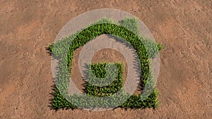 Green summer lawn grass symbol shape on brown soil or earth background, home button sign