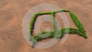 Green summer lawn grass symbol shape on brown soil or earth background, open book sign