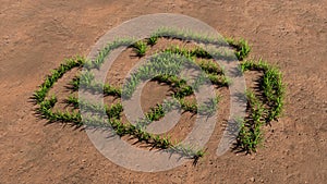 Green summer lawn grass symbol shape on brown soil or earth background, sign of a formula one car