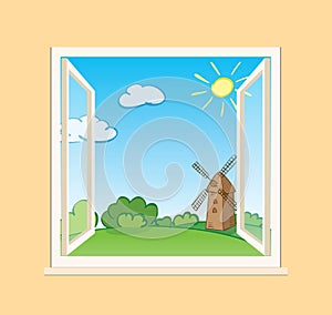 Green summer nature and old mill behind open window - vector illustration