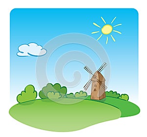 Green summer nature and old mill - vector illustration