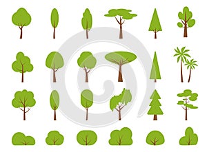 Green summer tree flat bush forest icon vector set