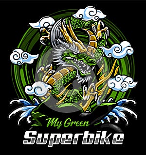 green superbike on dragon and water background