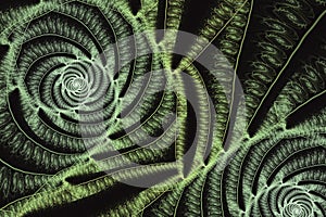 Green swirling pattern of crooked ribbons on a black background.