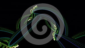 Green swirling pattern of curved ribbons on a black background.