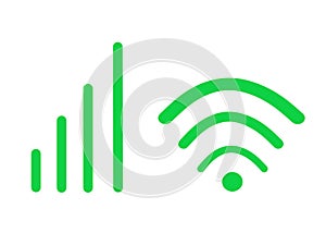 The green symbols icons for signal strength used on computers desktops and mobile smartphone devices white backdrop