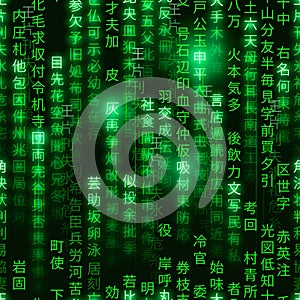 Green symbols of matrix binary code on black background, digital seamless pattern